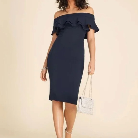 NWT LE CHATEAU - Off the Shoulder Ruffle Dress Black - Medium - Picture 2 of 11